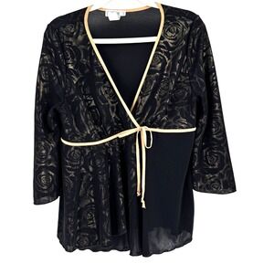 90s Toto Babydoll Blouse‎ Women's Large Black Gold Floral Whimsical Fairy Boho